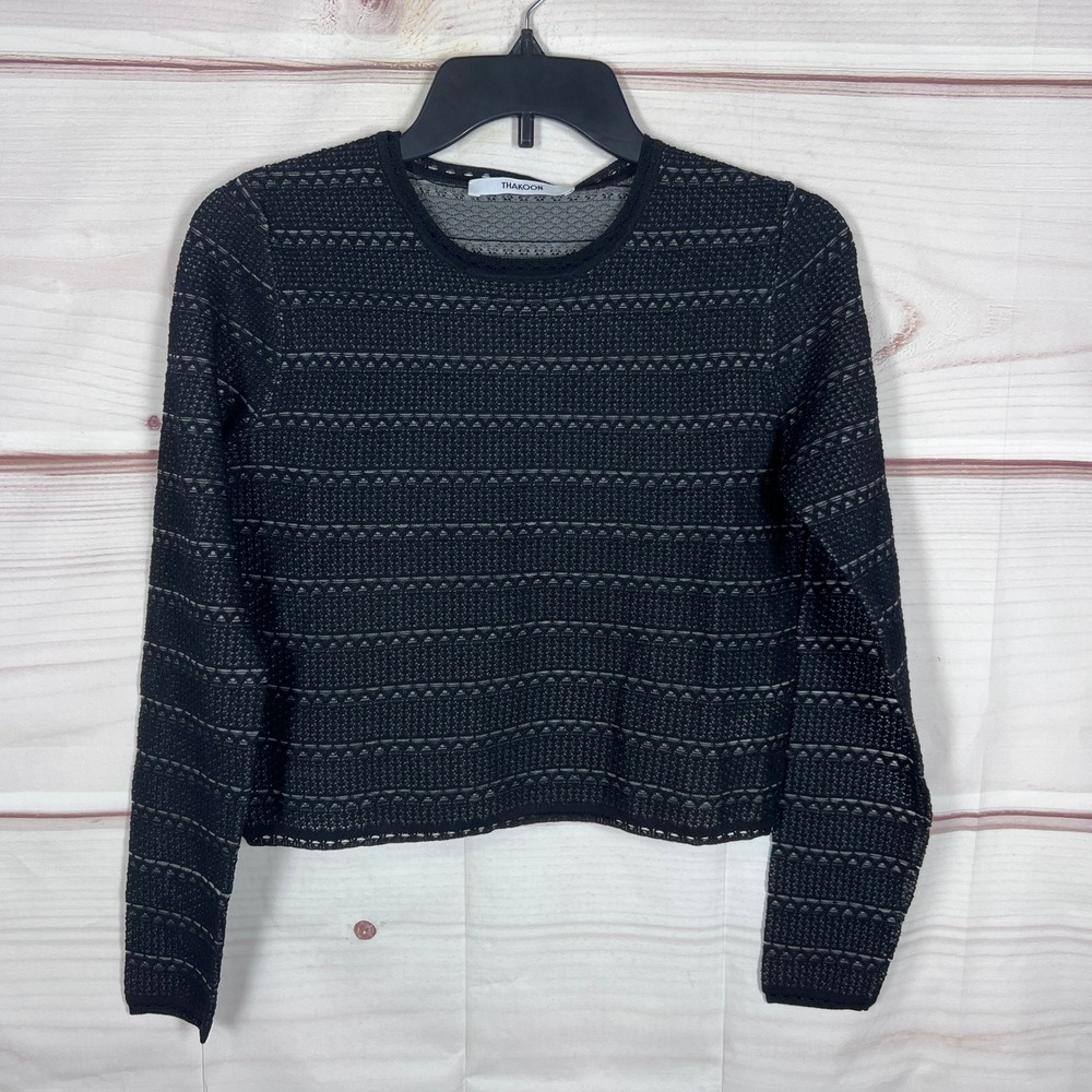 Thakoon Sweater Women Small Black Pointelle Knit Long Sleeve Cropped Pullover